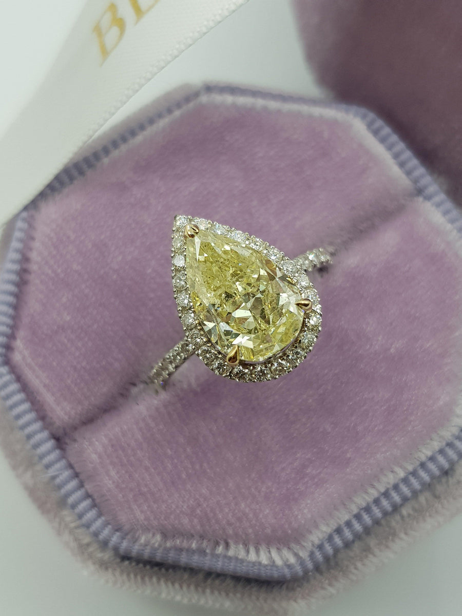 3.50 Carats Fancy Yellow Pear Shape Micropaved Halo Side Stones Diamond Engagement Ring - BenzDiamonds