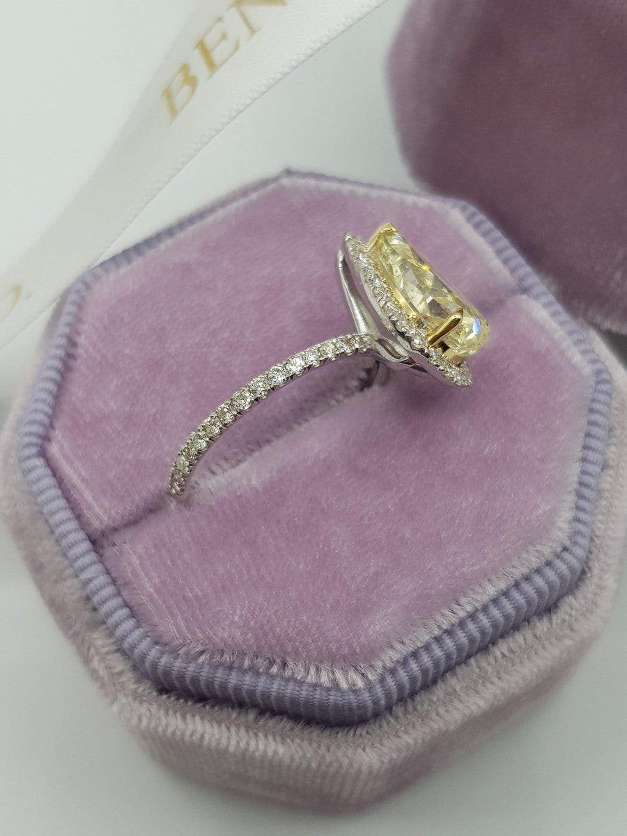 3.50 Carats Fancy Yellow Pear Shape Micropaved Halo Side Stones Diamond Engagement Ring - BenzDiamonds