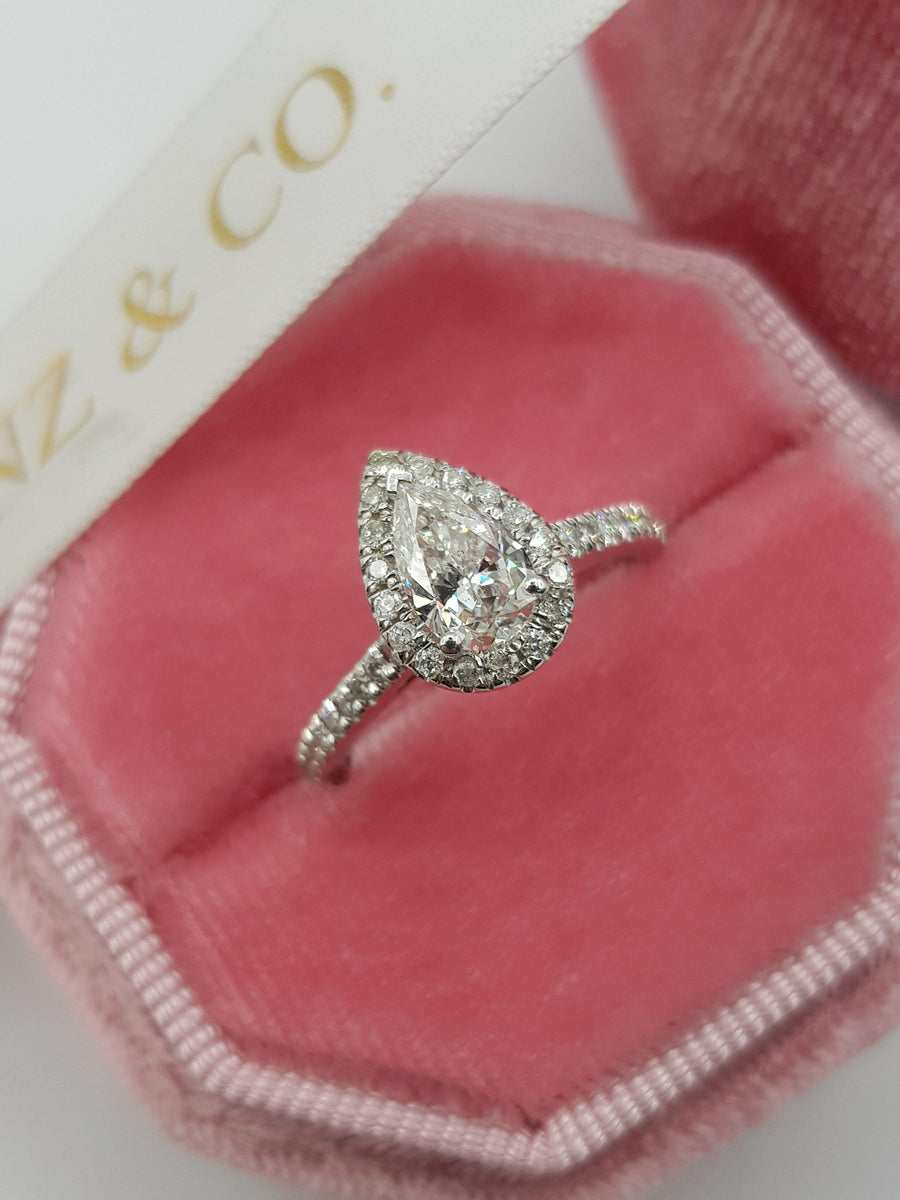 1.20 Carats Pear Shaped Halo Micropaved Diamond Engagement Ring - BenzDiamonds