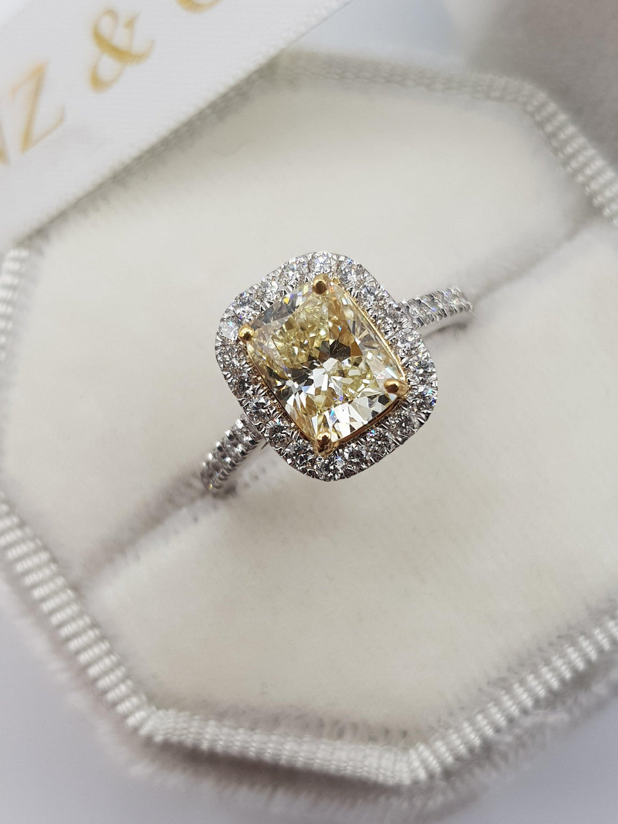 2.10 Carats Fancy Yellow Elongated Cushion Cut Micropave Halo Side Stones Diamond Engagement Ring - BenzDiamonds