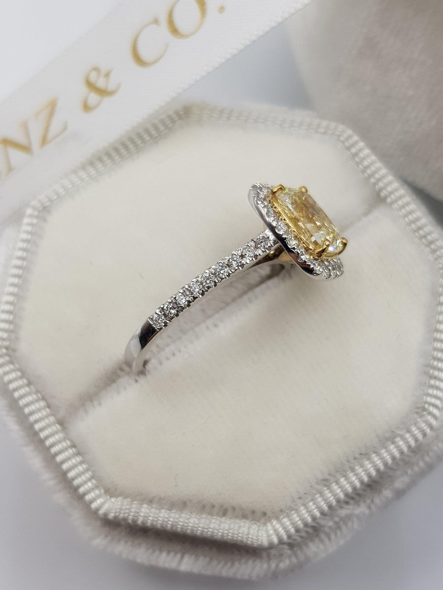 2.10 Carats Fancy Yellow Elongated Cushion Cut Micropave Halo Side Stones Diamond Engagement Ring - BenzDiamonds