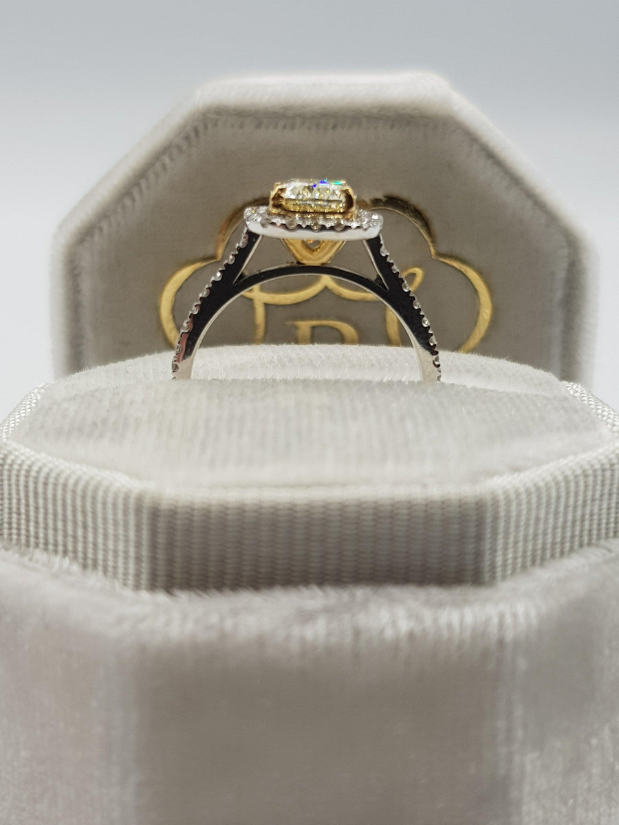 2.10 Carats Fancy Yellow Elongated Cushion Cut Micropave Halo Side Stones Diamond Engagement Ring - BenzDiamonds
