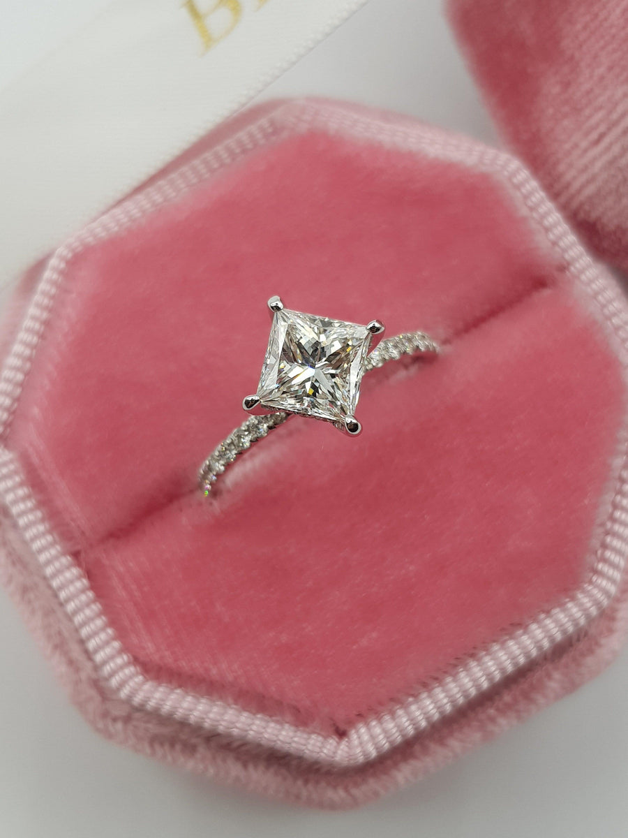 1.50 Carat Princess Cut Side Stones Hidden Halo Diamond Engagement Ring - BenzDiamonds