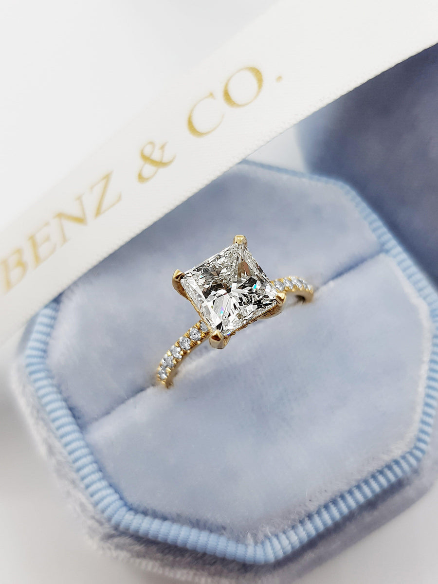 2.50 Carat Princess Cut Side Stones Hidden Halo Diamond Engagement Ring - BenzDiamonds