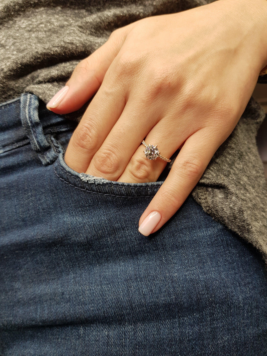 2 Carats Round Brilliant Cut Micropave Side Stones Accented Prongs Diamond Engagement Ring in Rose Gold - BenzDiamonds