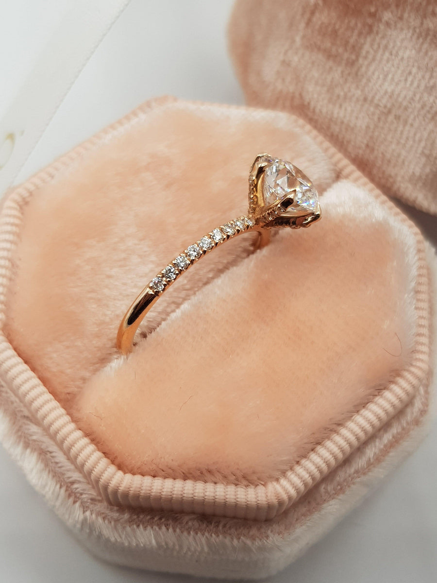 2 Carats Round Brilliant Cut Micropave Side Stones Accented Prongs Diamond Engagement Ring in Rose Gold - BenzDiamonds