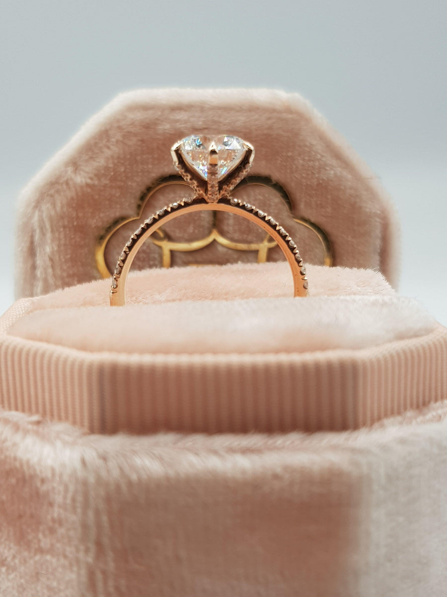 2 Carats Round Brilliant Cut Micropave Side Stones Accented Prongs Diamond Engagement Ring in Rose Gold - BenzDiamonds
