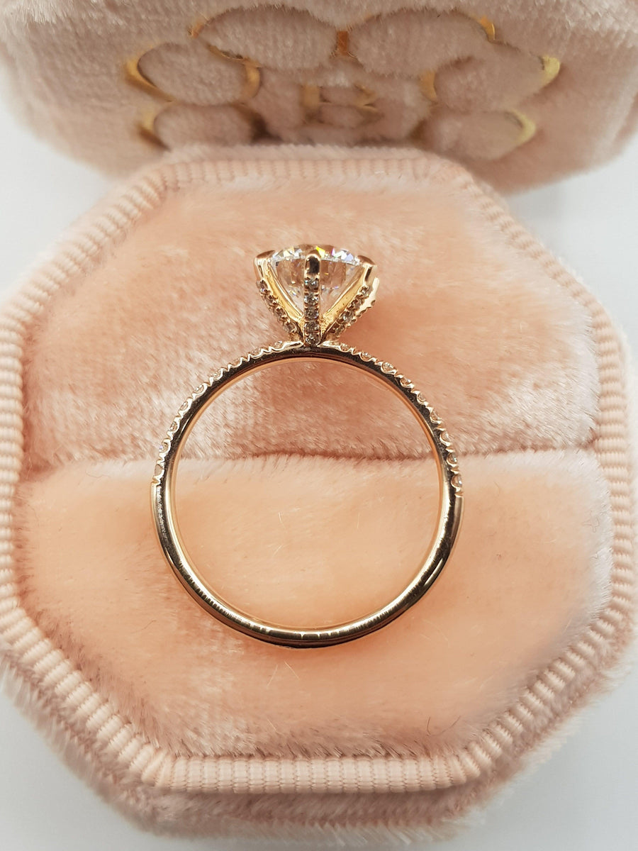 2 Carats Round Brilliant Cut Micropave Side Stones Accented Prongs Diamond Engagement Ring in Rose Gold - BenzDiamonds