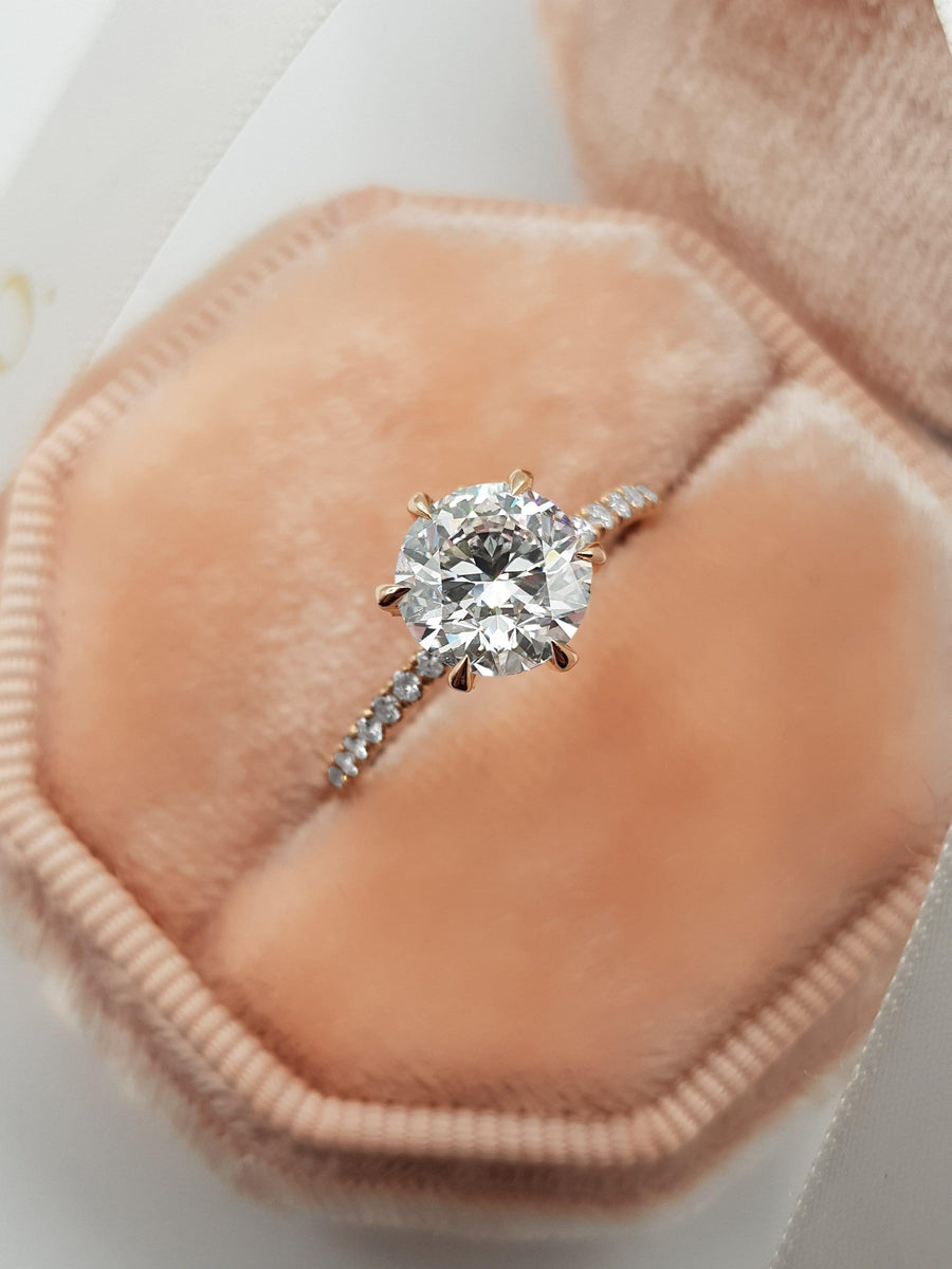 2 Carats Round Brilliant Cut Micropave Side Stones Accented Prongs Diamond Engagement Ring in Rose Gold - BenzDiamonds