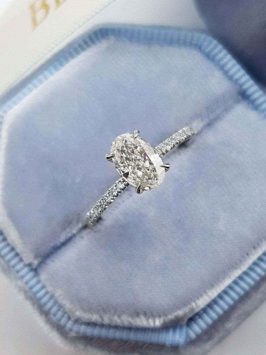 1.10 Carats Oval Cut Micropave Side Stones Hidden Halo Diamond Engagement Ring - BenzDiamonds