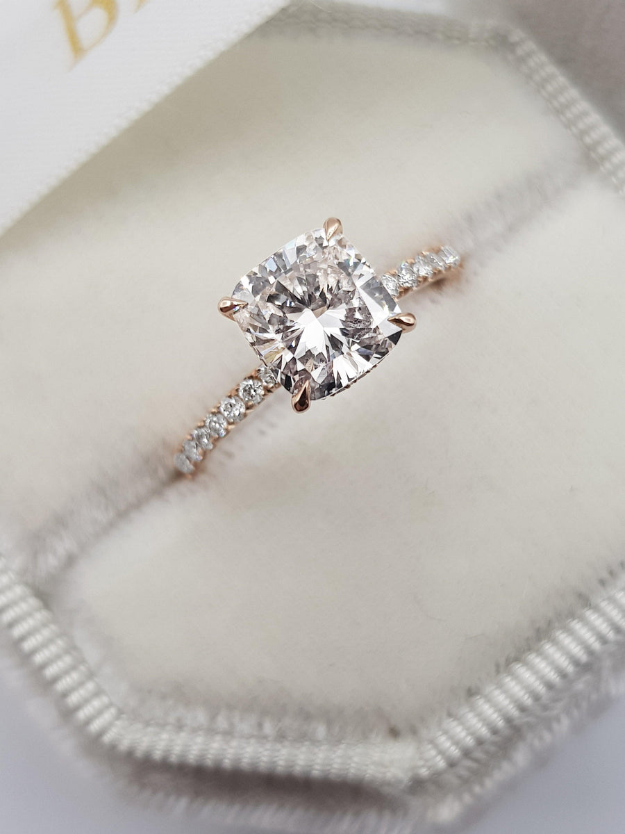 2 Carats Cushion Cut Micropave Side Stones Hidden Halo Diamond Engagement Ring - BenzDiamonds
