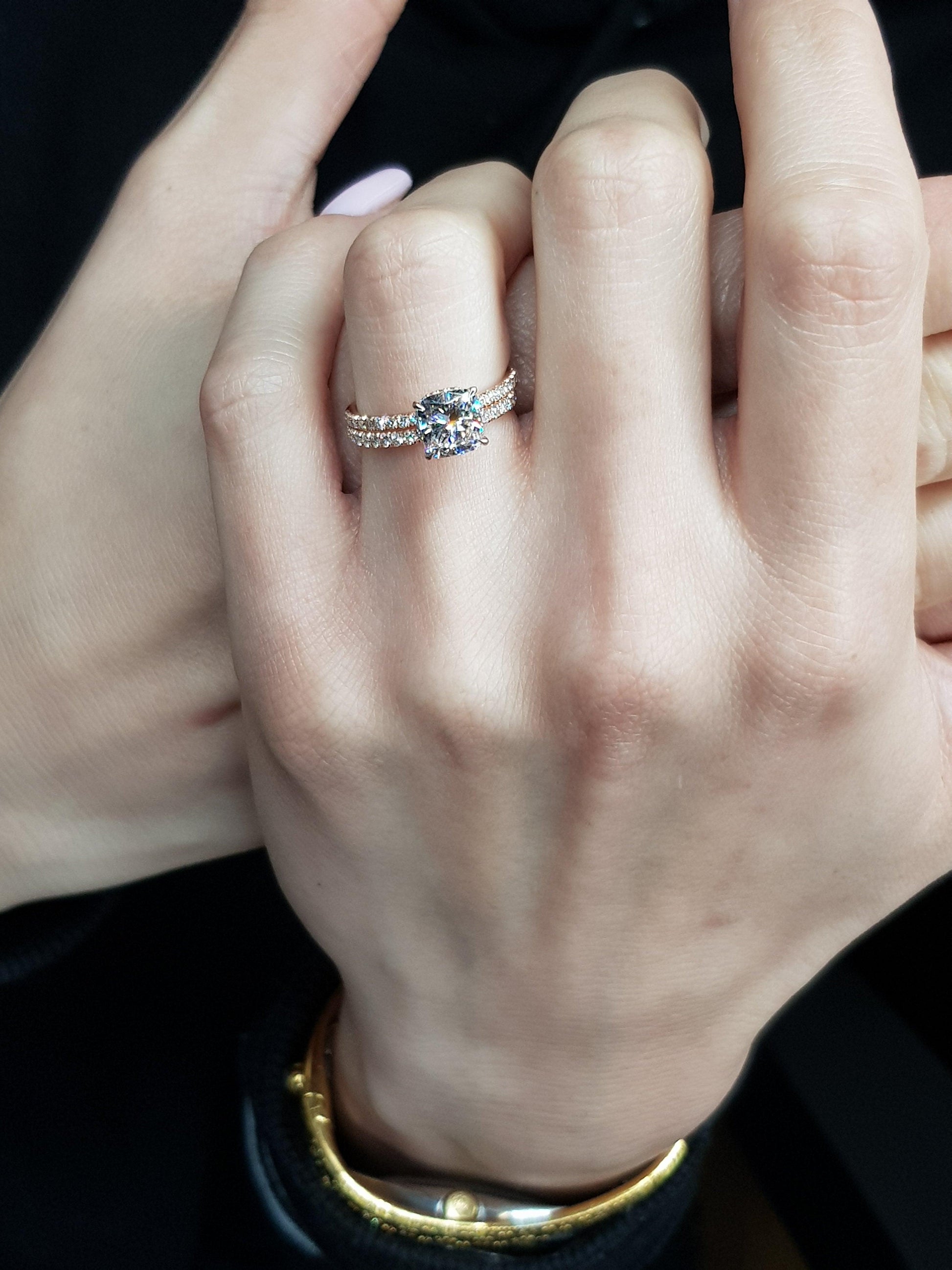 2 Carats Cushion Cut Micropave Side Stones Hidden Halo Diamond Engagement Ring - BenzDiamonds