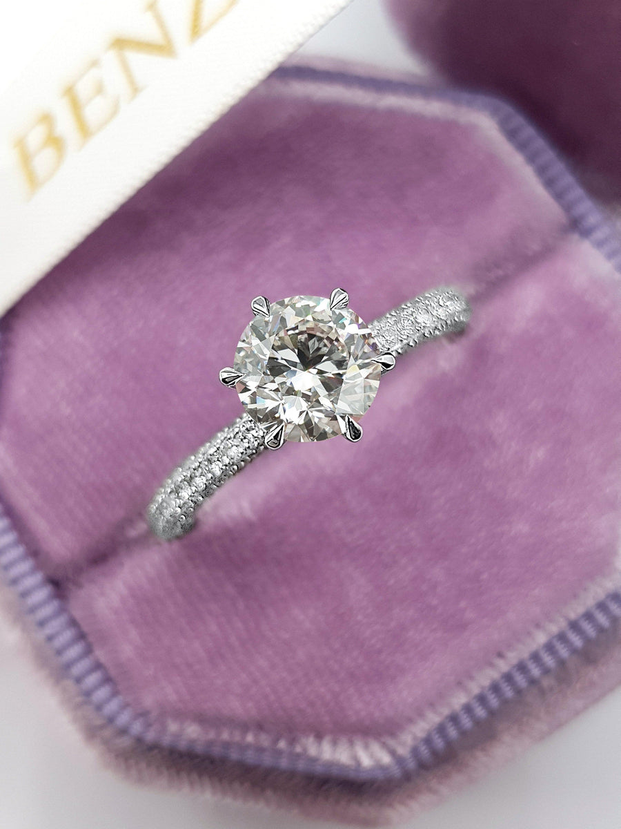 2.16 Carats Round Brilliant Cut Trio-Micropave Side Stones Collar Diamond Engagement Ring - BenzDiamonds