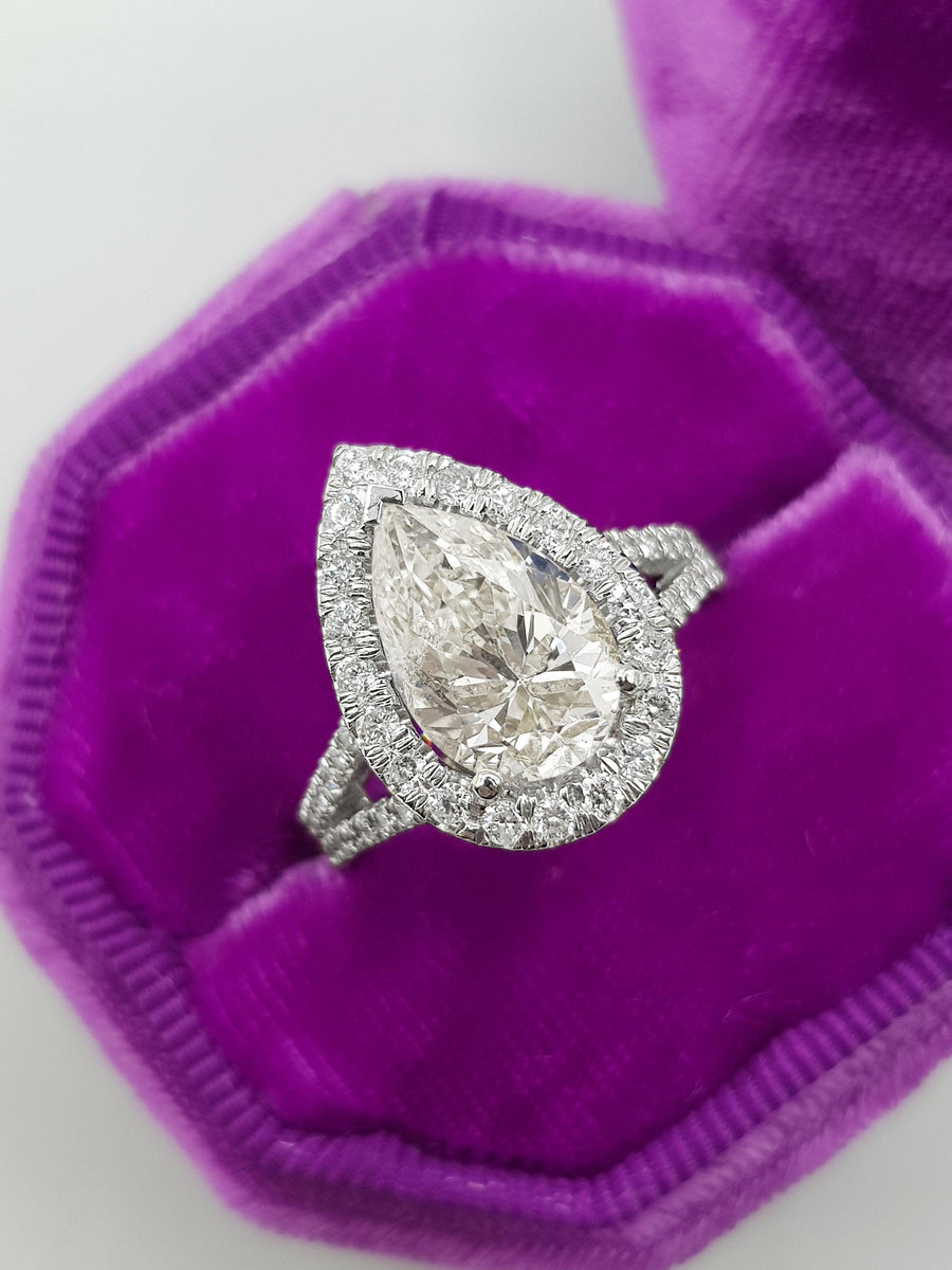 4.02 Carats Pear Shaped Halo Split Shank Micropaved Diamond Engagement Ring - BenzDiamonds