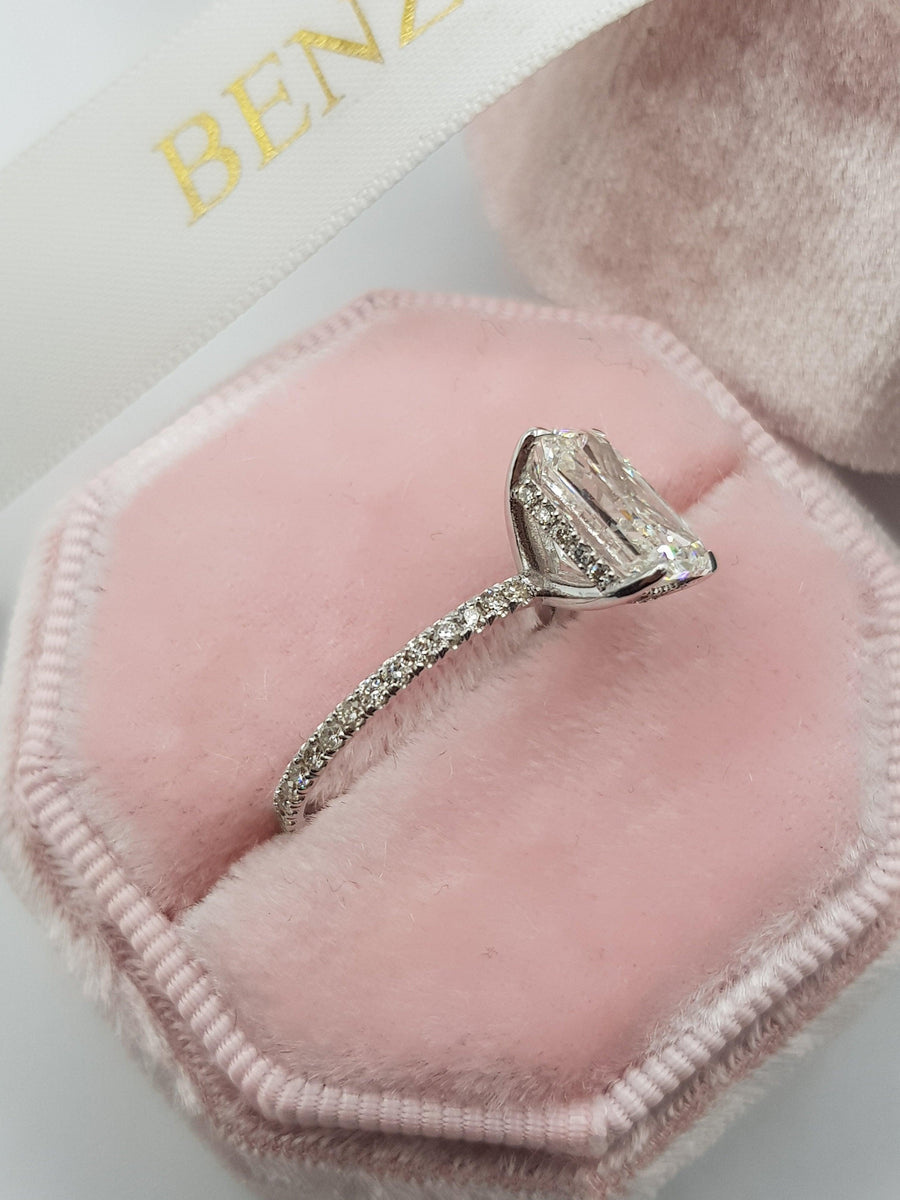 3.32 Carats Radiant Cut Micropaved Side Stones Hidden Halo Diamond Engagement Ring - BenzDiamonds