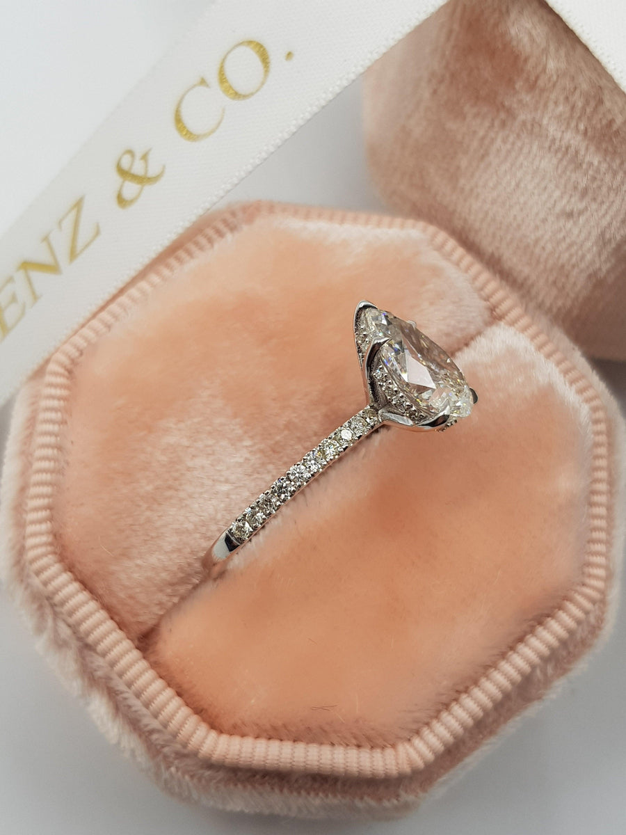 2.55 Carats Pear Shape Side Stones Hidden Halo Diamond Engagement Ring - BenzDiamonds