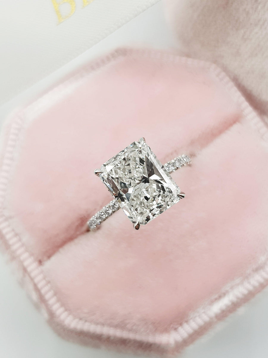 3.32 Carats Radiant Cut Micropaved Side Stones Hidden Halo Diamond Engagement Ring - BenzDiamonds