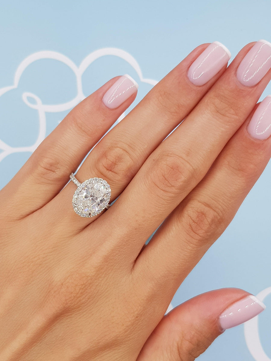 3.50 Carats Oval Cut Micropave Halo Side Stones Diamond Engagement Ring - BenzDiamonds