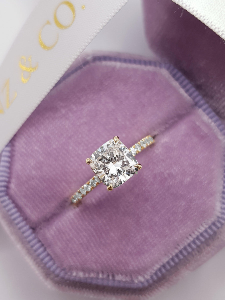 2.05 Carats Cushion Cut Micropave Side Stones Hidden Halo Diamond Engagement Ring - BenzDiamonds