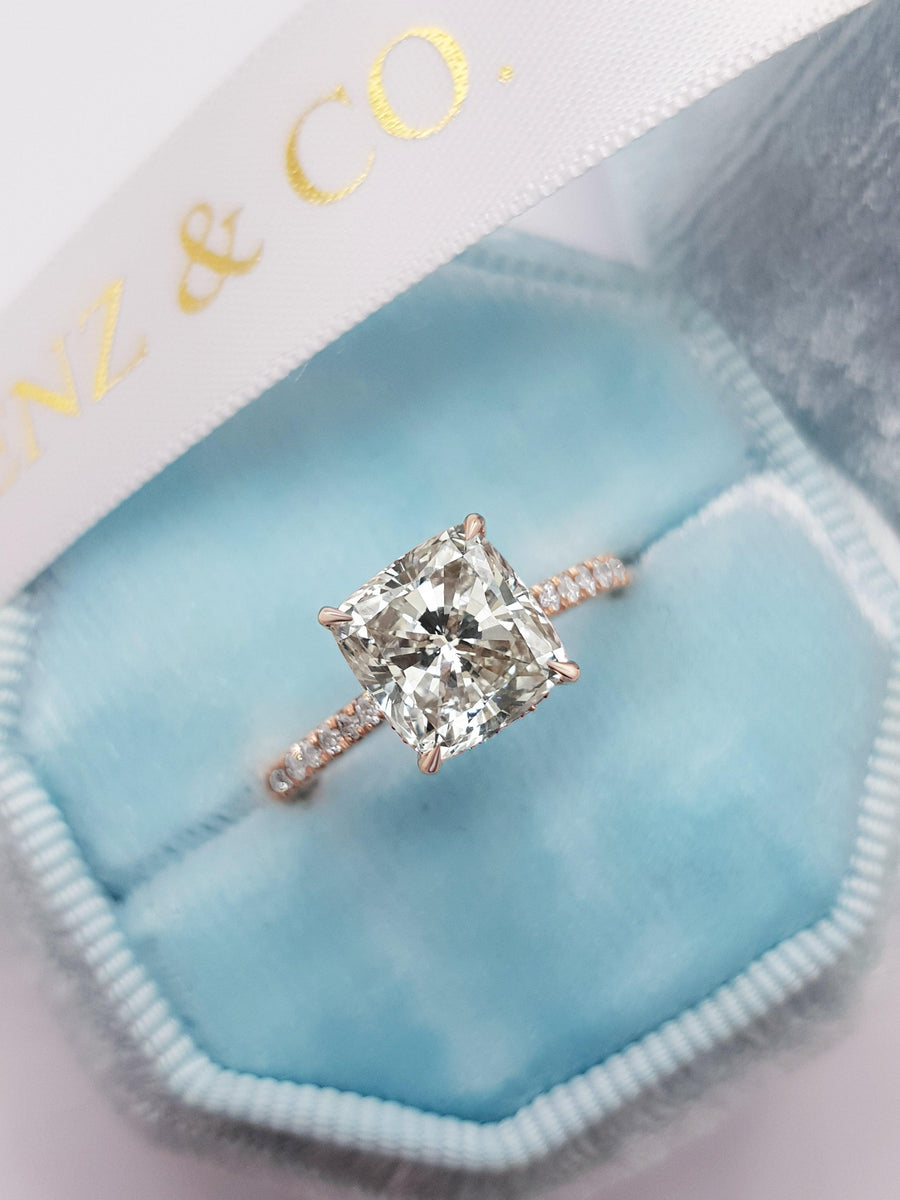 2.80 Carats Cushion Cut Micropave Side Stones Hidden Halo Diamond Engagement Ring - BenzDiamonds