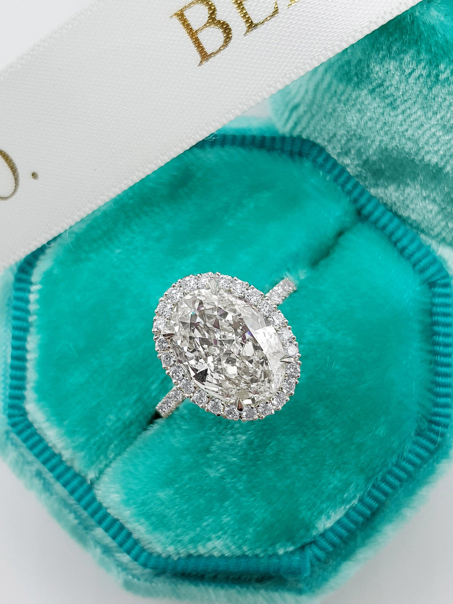 3.50 Carats Oval Cut Micropave Halo Side Stones Diamond Engagement Ring - BenzDiamonds
