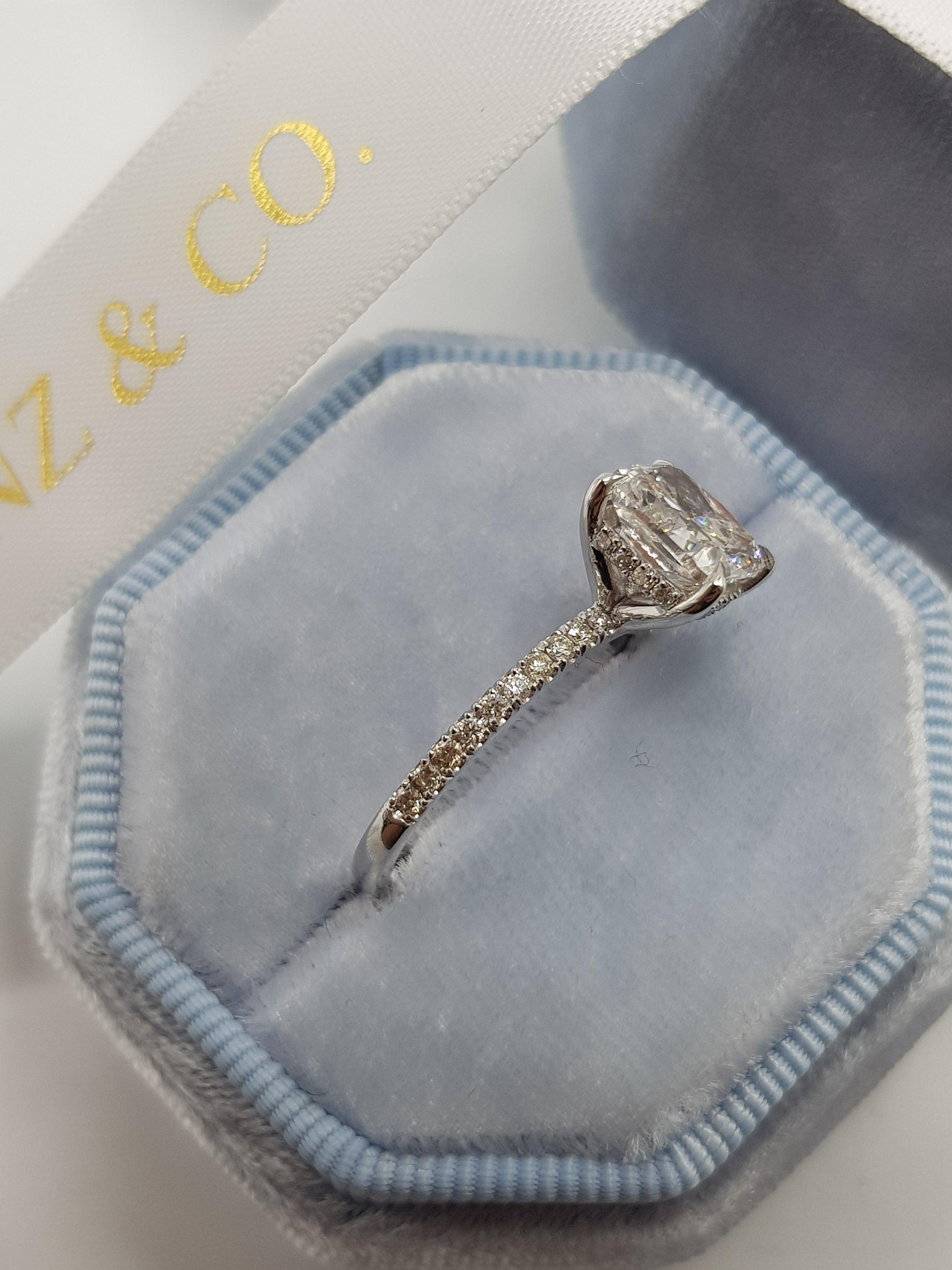 2.55 Carats Cushion Cut Micropave Side Stones Hidden Halo Diamond Engagement Ring - BenzDiamonds