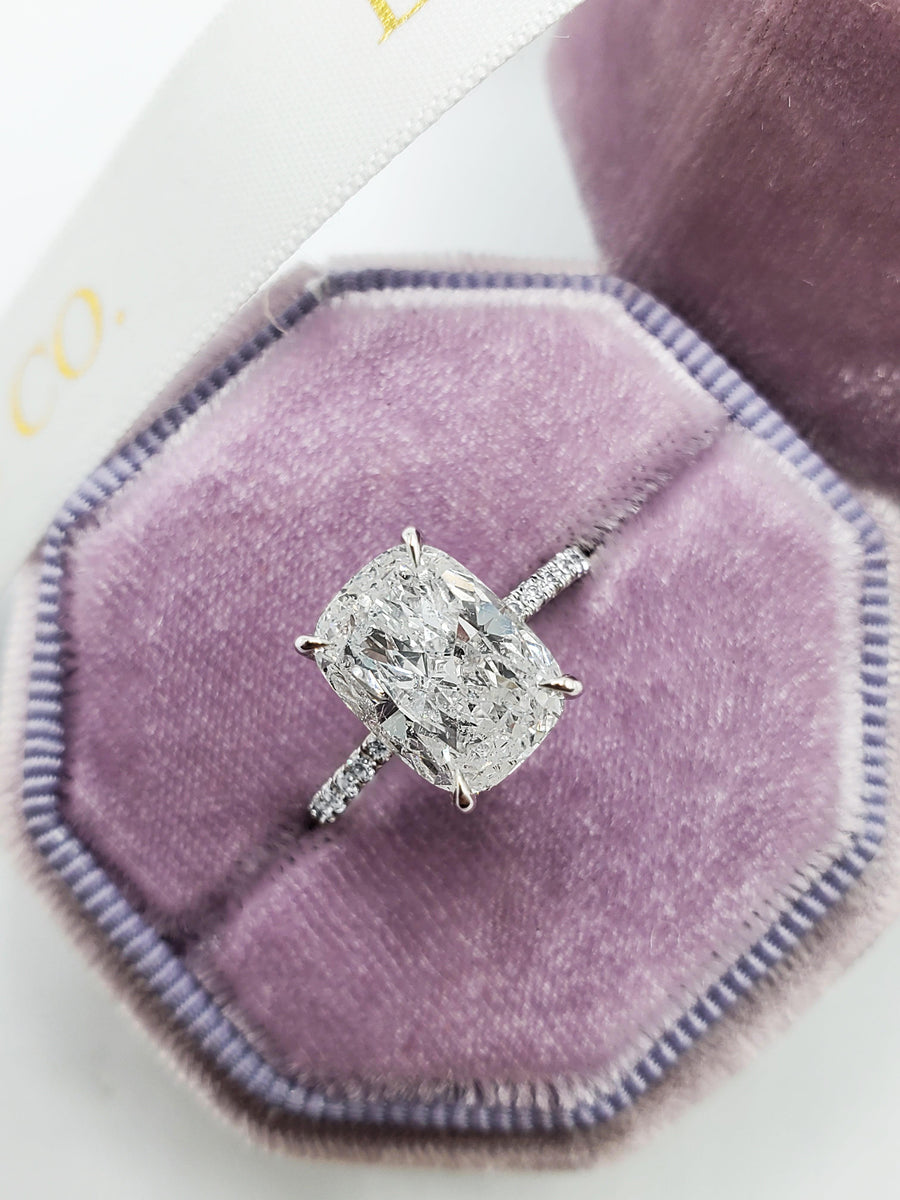 3.58 Carats Elongated Cushion Cut Micropave Side Stones Hidden Halo Diamond Engagement Ring - BenzDiamonds