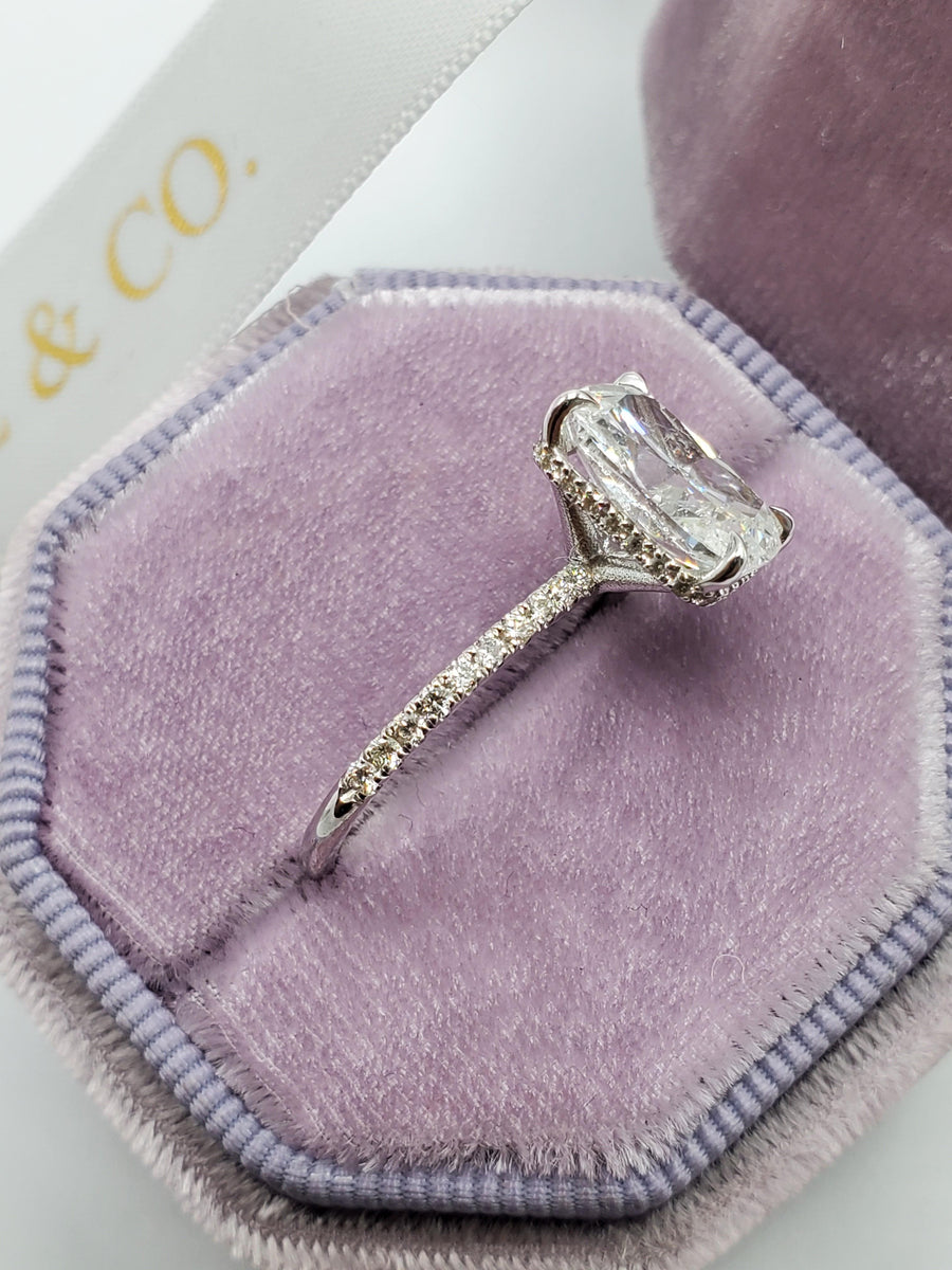 3.58 Carats Elongated Cushion Cut Micropave Side Stones Hidden Halo Diamond Engagement Ring - BenzDiamonds