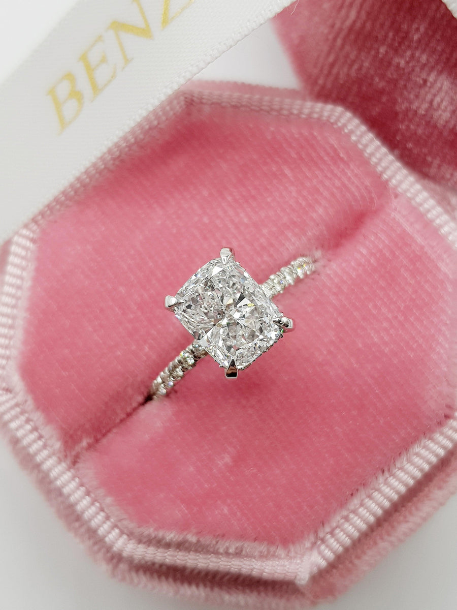 2.54 Carats Elongated Cushion Cut Micropave Side Stones Hidden Halo Diamond Engagement Ring - BenzDiamonds