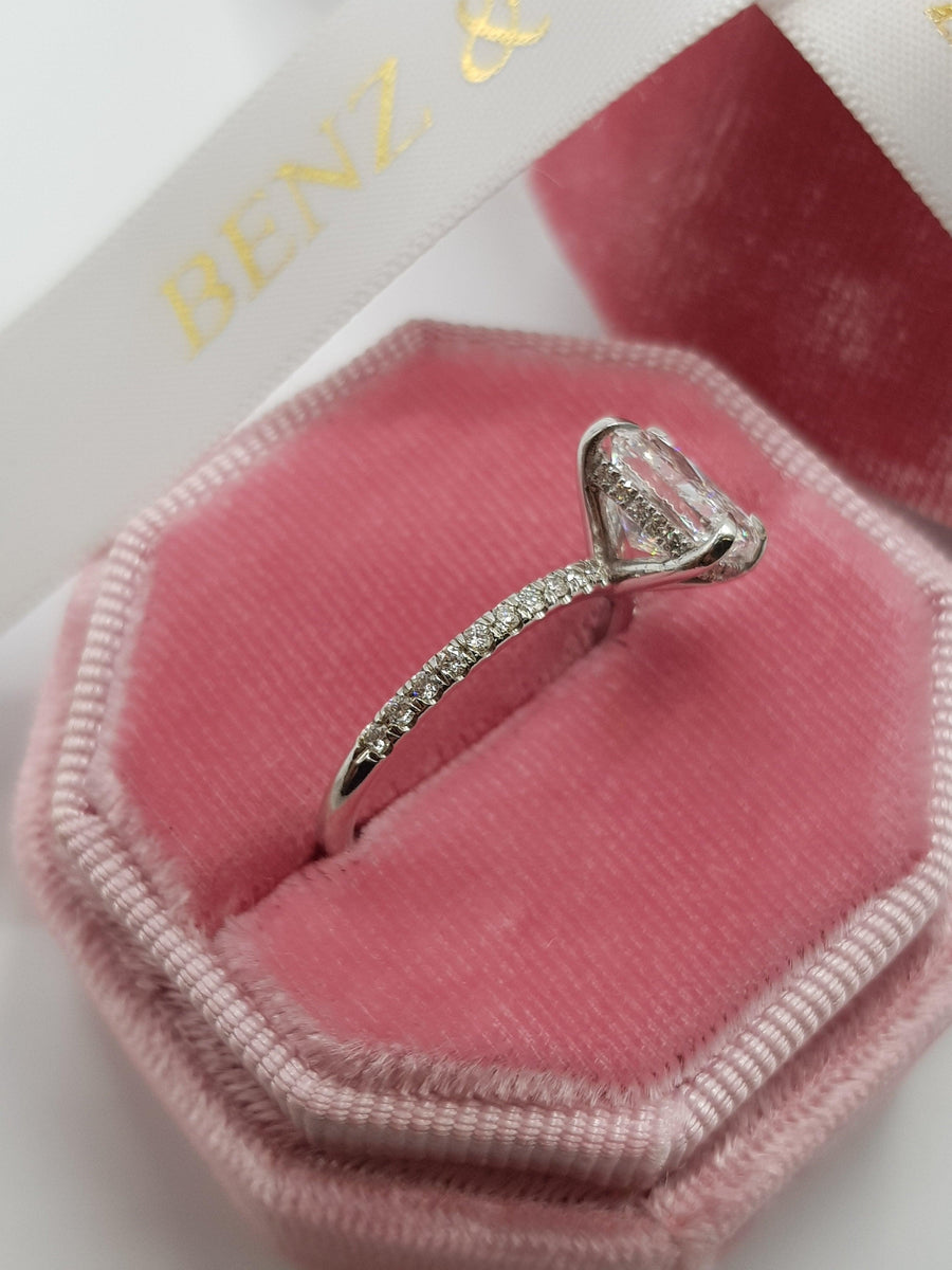 2.54 Carats Elongated Cushion Cut Micropave Side Stones Hidden Halo Diamond Engagement Ring - BenzDiamonds