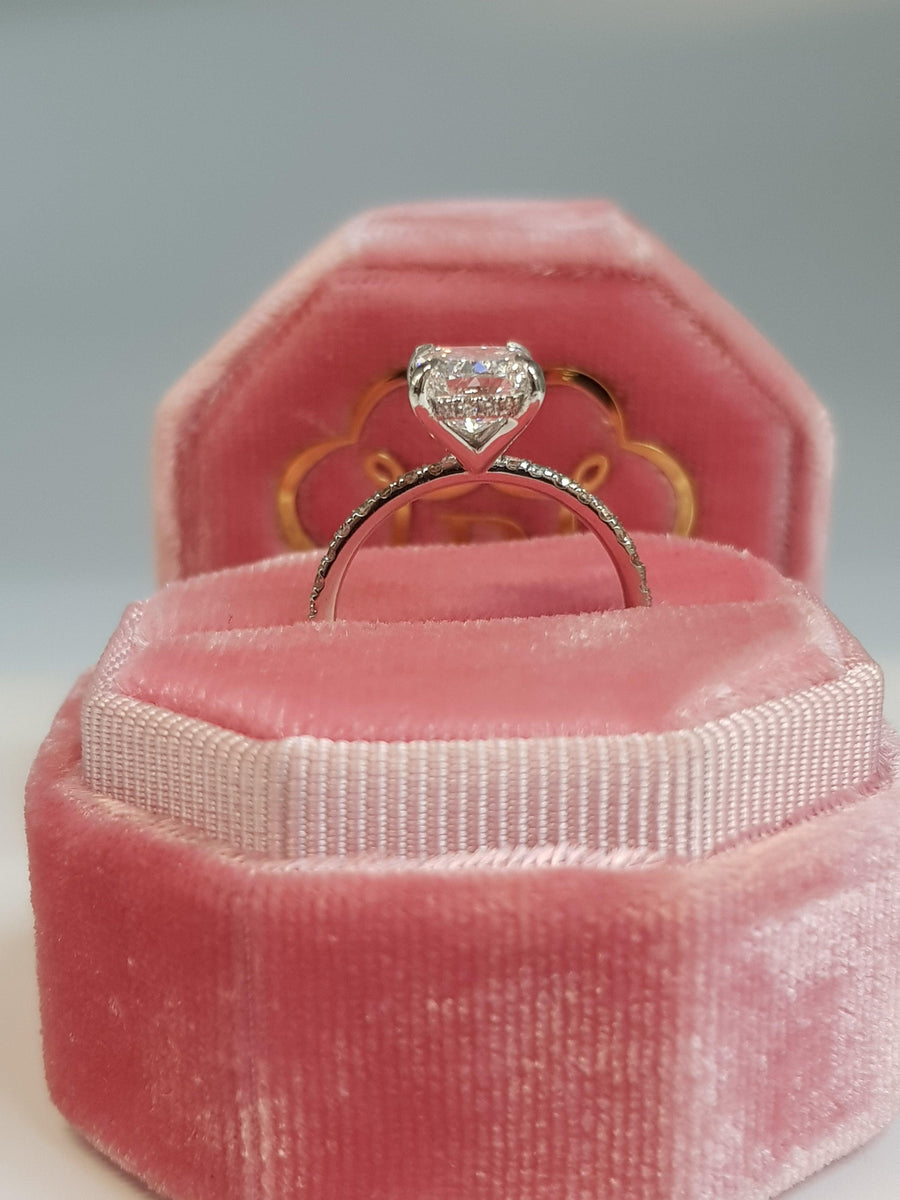 2.54 Carats Elongated Cushion Cut Micropave Side Stones Hidden Halo Diamond Engagement Ring - BenzDiamonds