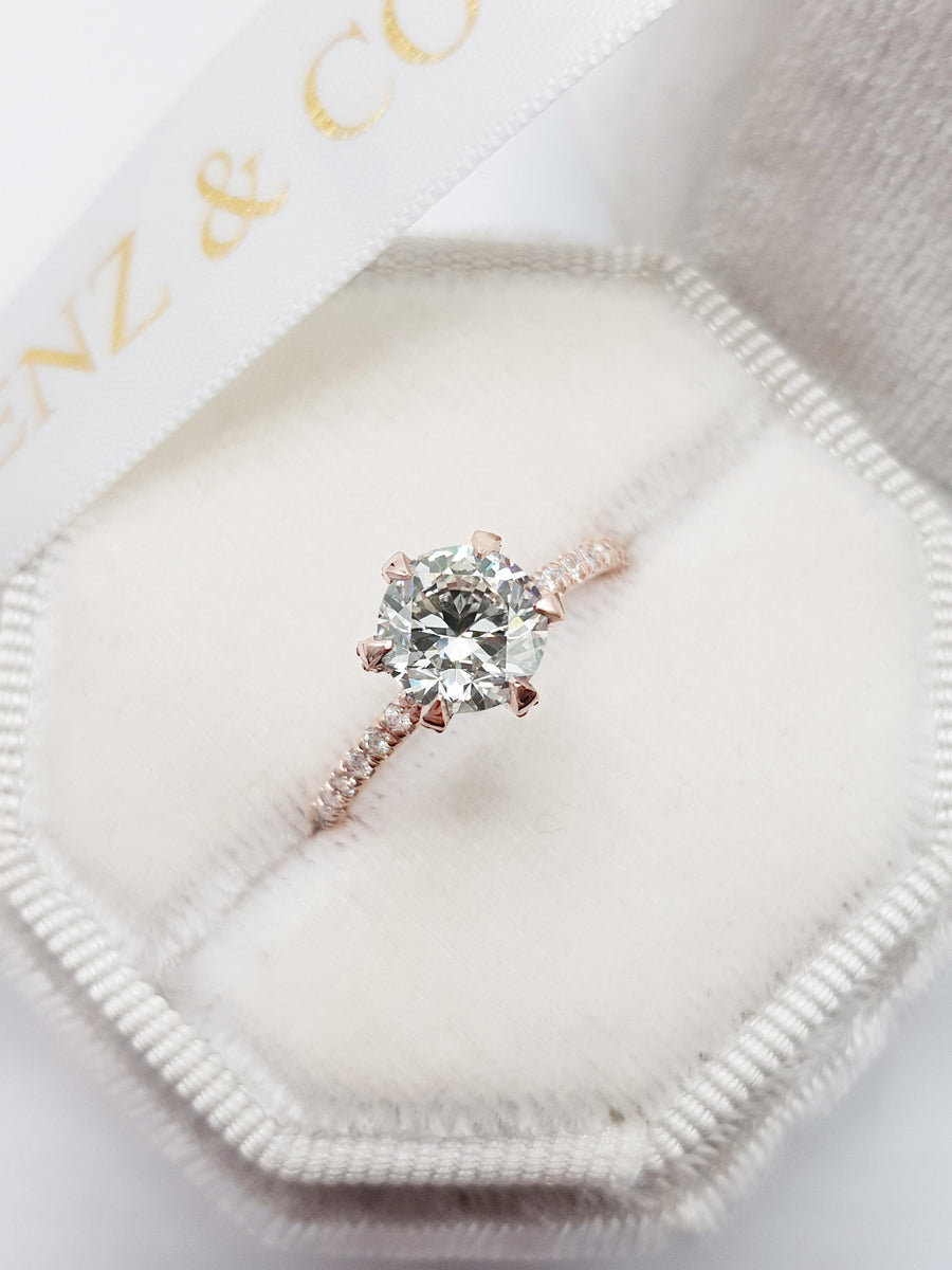 1.54 Carats Round Brilliant Cut Micropave Side Stones Accented Prongs Diamond Engagement Ring in Rose Gold - BenzDiamonds
