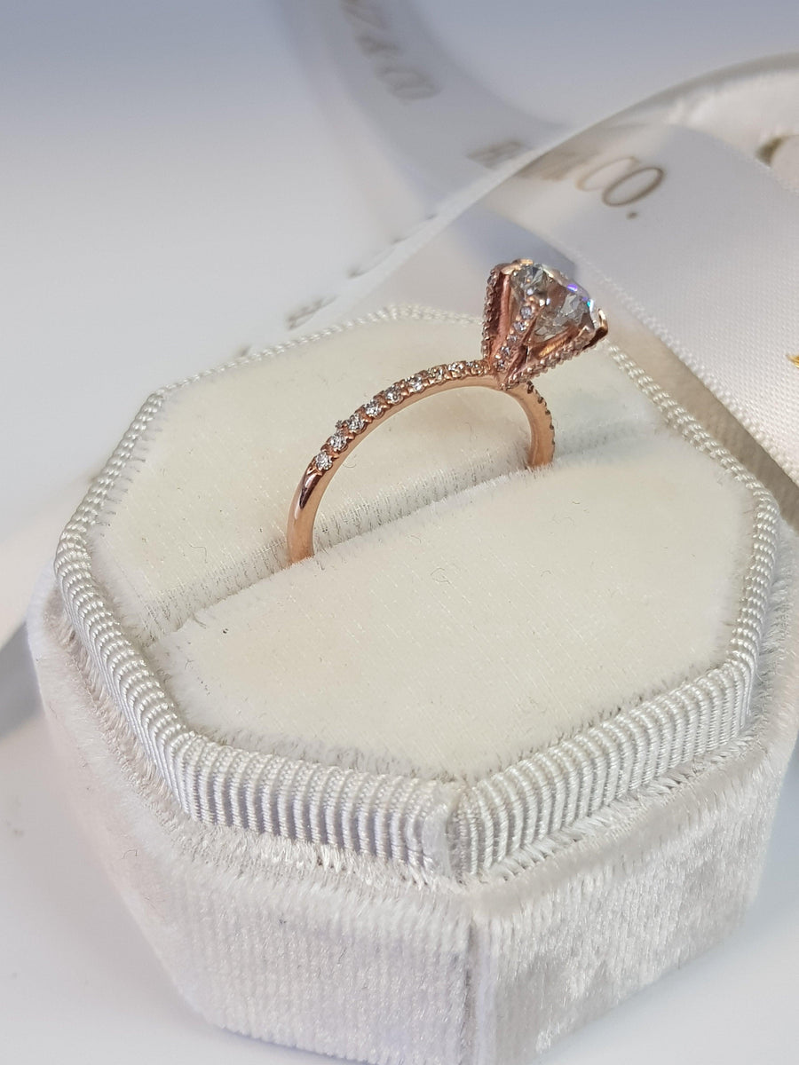 1.54 Carats Round Brilliant Cut Micropave Side Stones Accented Prongs Diamond Engagement Ring in Rose Gold - BenzDiamonds