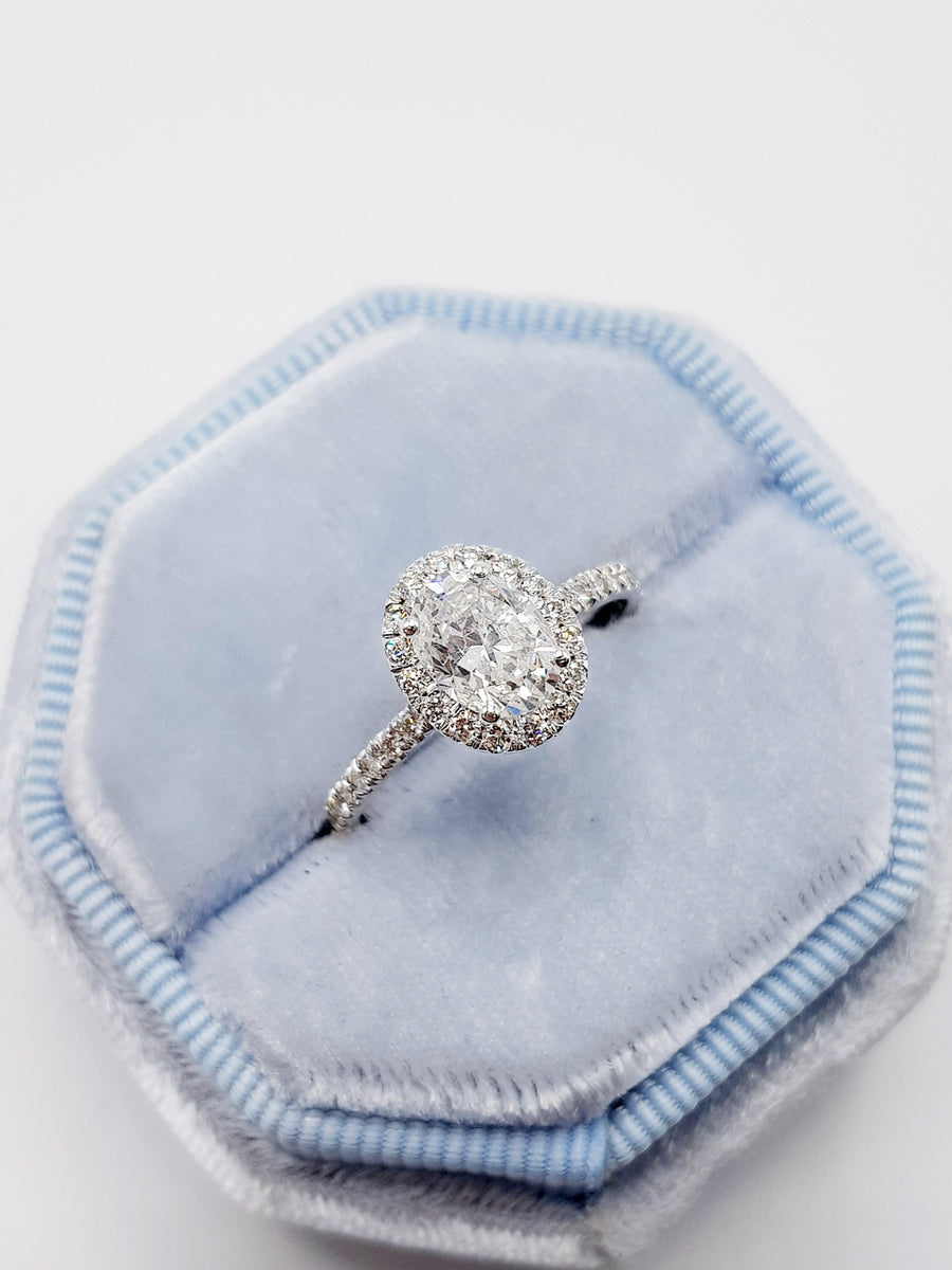 1.20 Carats Oval Cut Micropave Halo Diamond Engagement Ring - BenzDiamonds