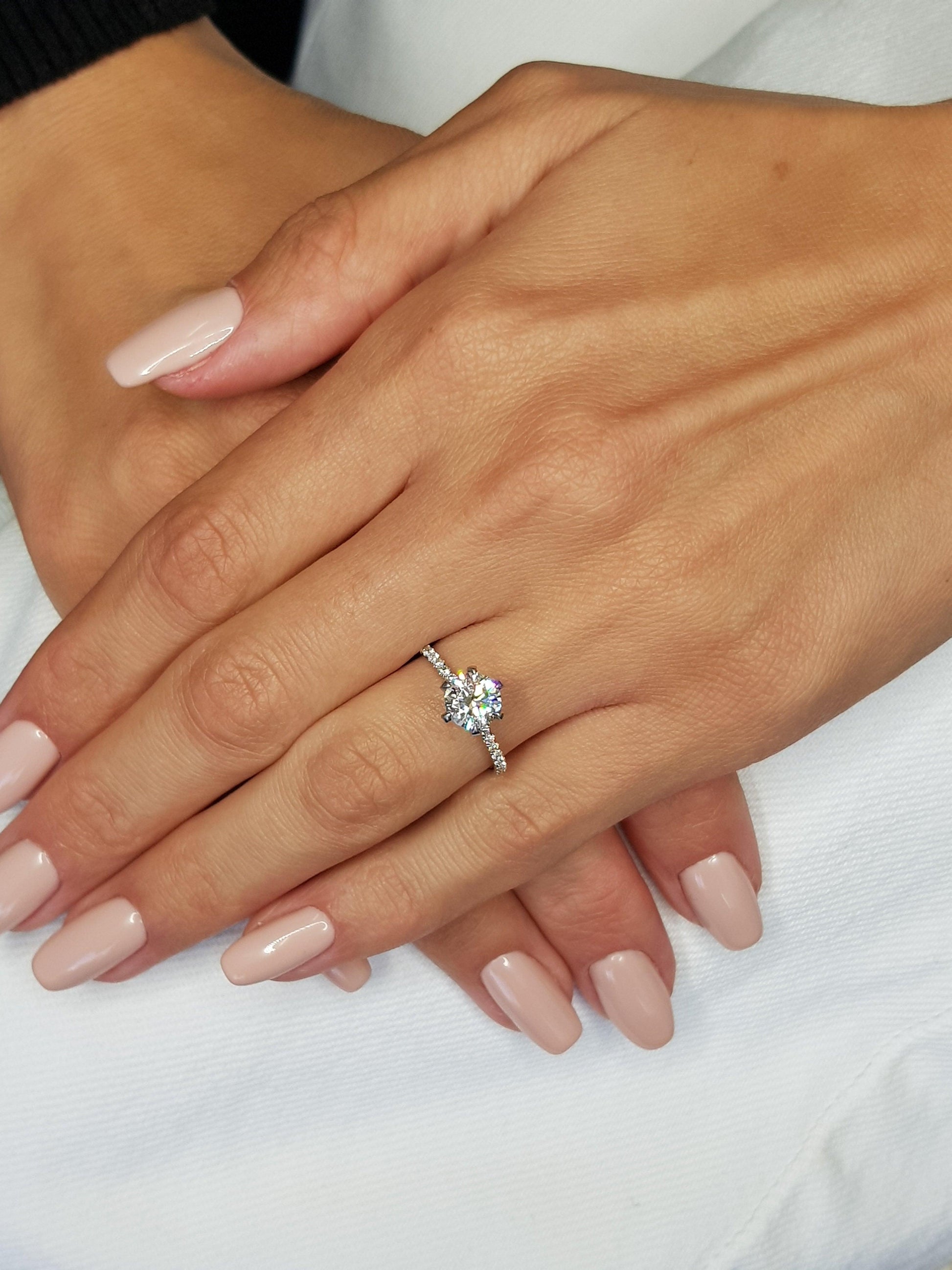 1.54 Carats Round Brilliant Cut Micropave Side Stones Accented Prongs Diamond Engagement Ring - BenzDiamonds