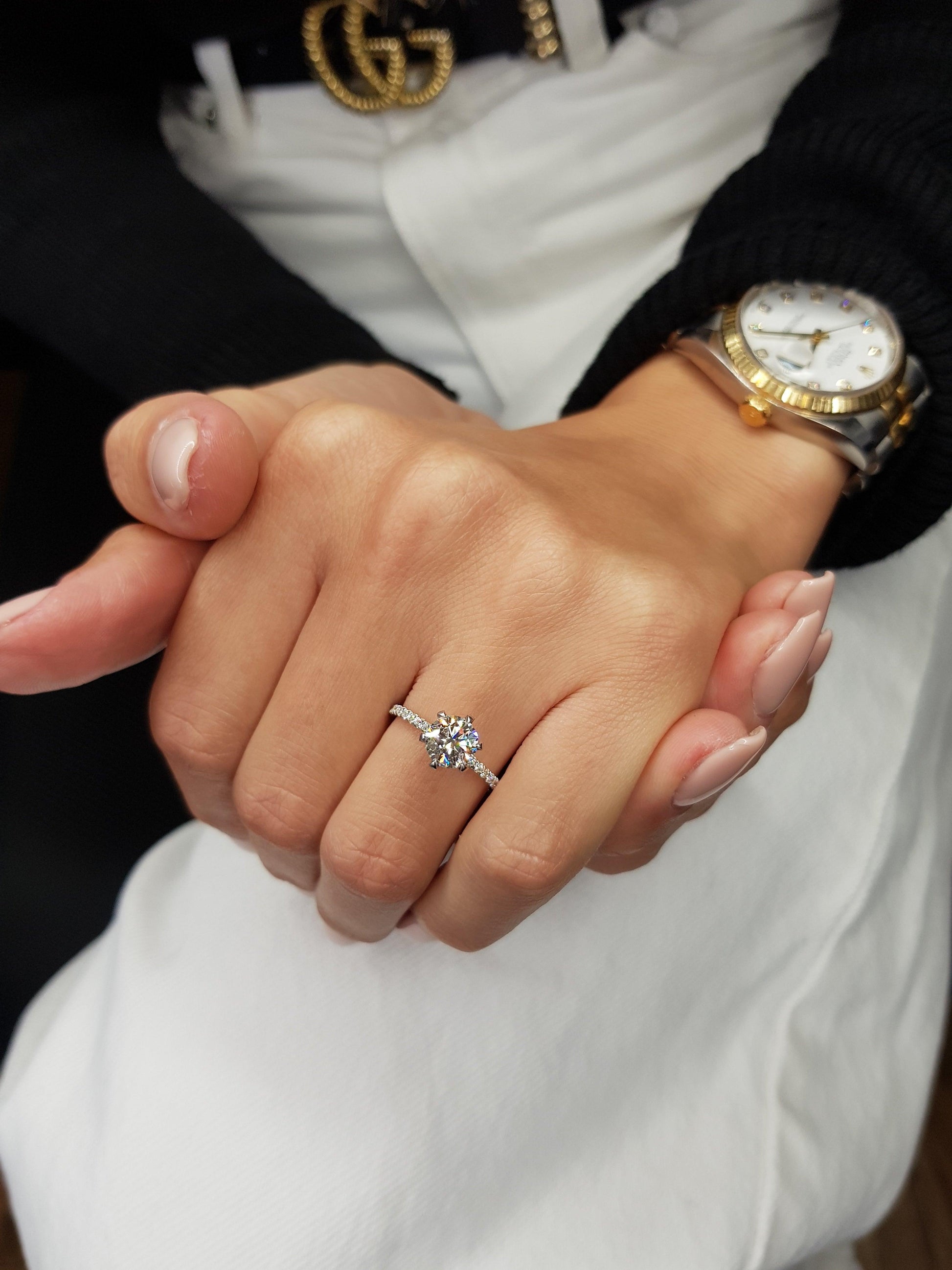 1.54 Carats Round Brilliant Cut Micropave Side Stones Accented Prongs Diamond Engagement Ring - BenzDiamonds