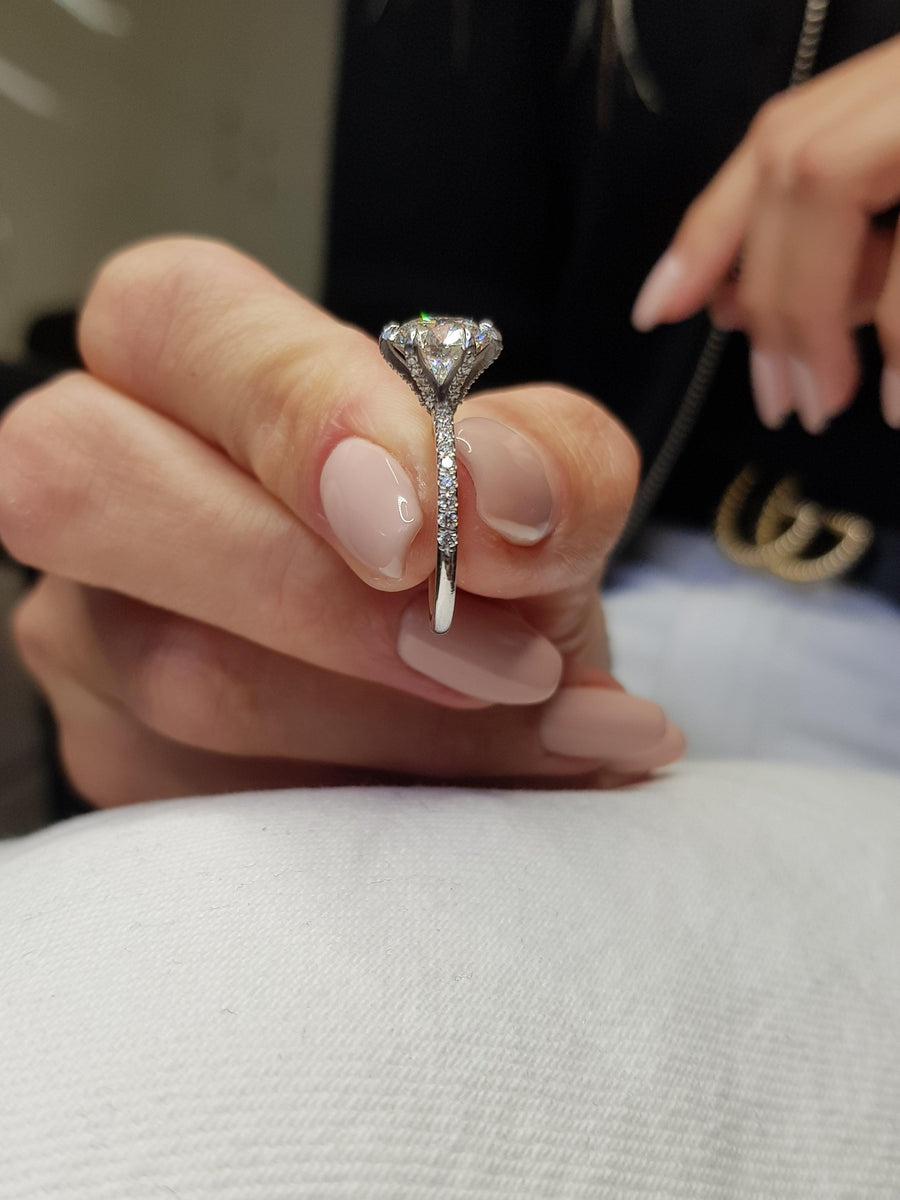 2.53 Carats Round Brilliant Cut Micropave Side Stones Accented Prongs Diamond Engagement Ring - BenzDiamonds
