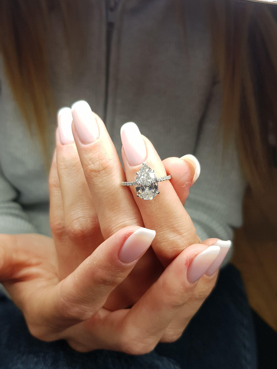 3.53 Carats Pear Shape Side Stones Hidden Halo Diamond Engagement Ring - BenzDiamonds