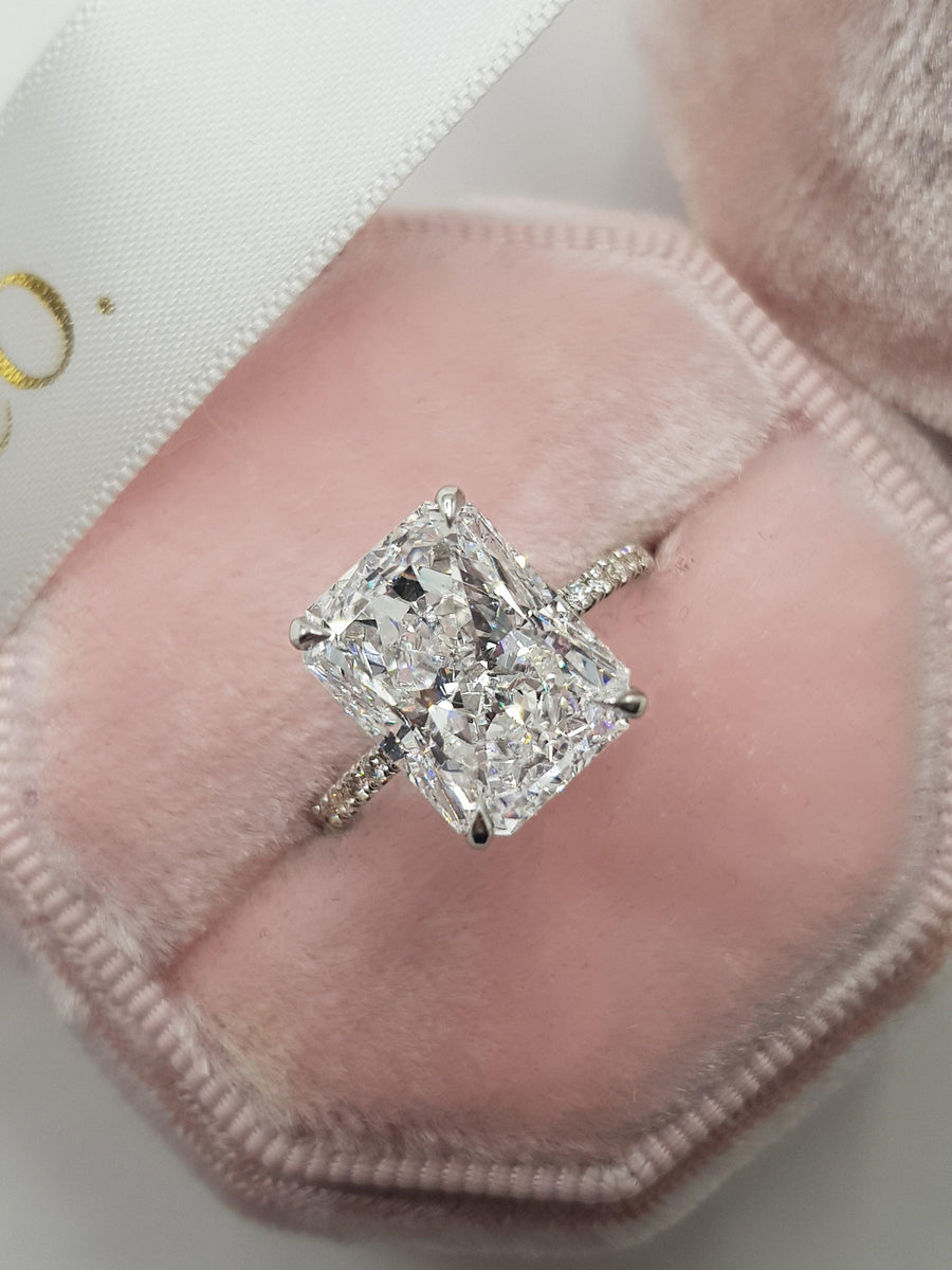 5.55 Carats Radiant Cut Micropaved Side Stones Hidden Halo Diamond Engagement Ring - BenzDiamonds