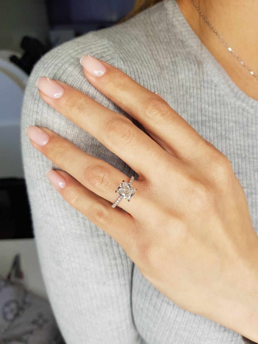 3.01 Carats Elongated Cushion Cut Micropave Side Stones Hidden Halo Diamond Engagement Ring - BenzDiamonds