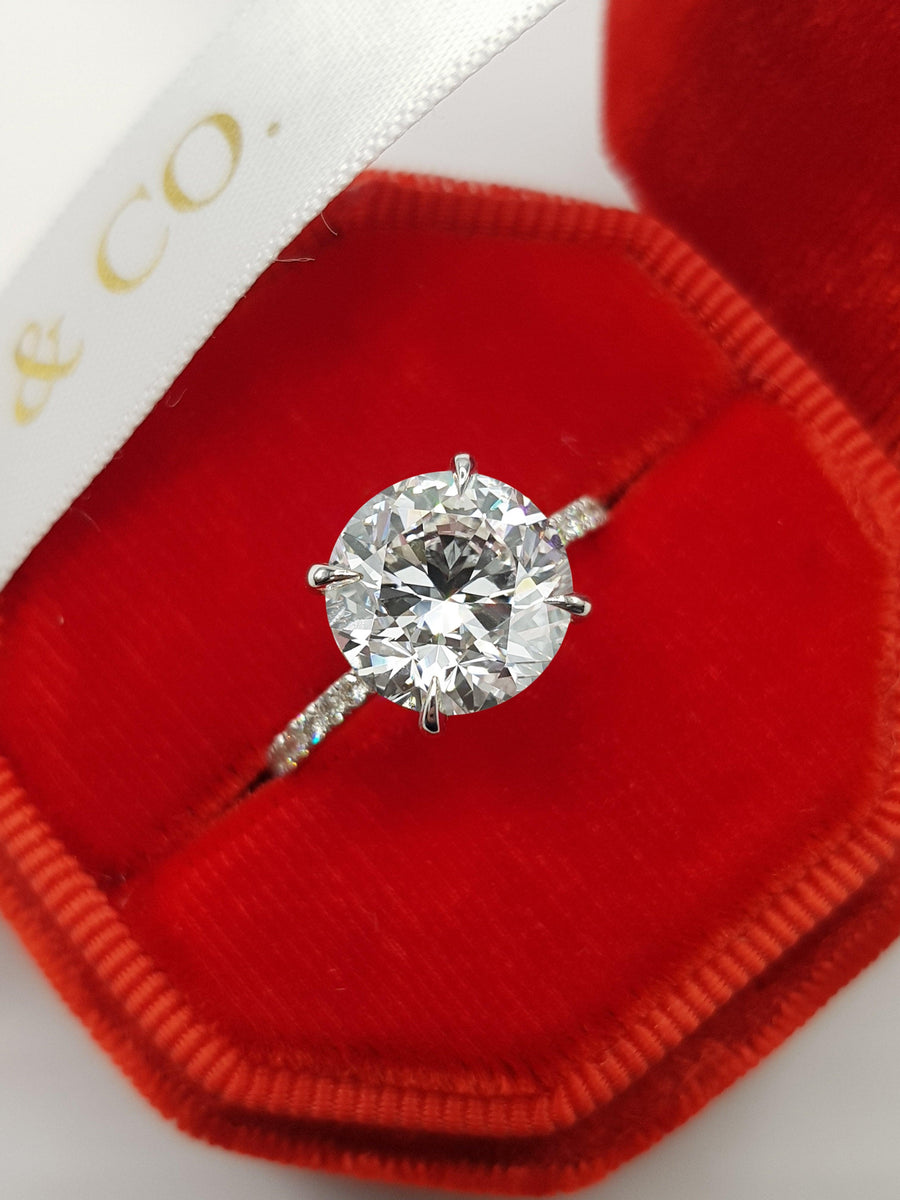 4 Carats Round Brilliant Cut Micropave Side Stones Accented Prongs Hidden Halo Diamond Engagement Ring - BenzDiamonds