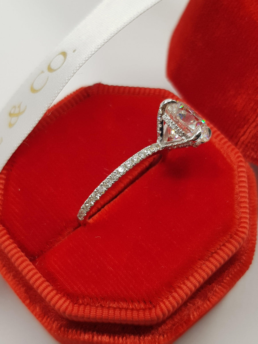 4 Carats Round Brilliant Cut Micropave Side Stones Accented Prongs Hidden Halo Diamond Engagement Ring - BenzDiamonds