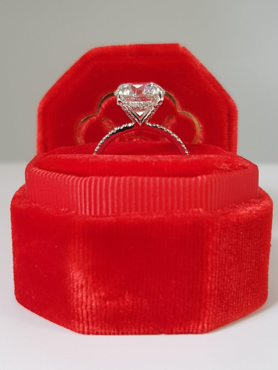 4 Carats Round Brilliant Cut Micropave Side Stones Accented Prongs Hidden Halo Diamond Engagement Ring - BenzDiamonds