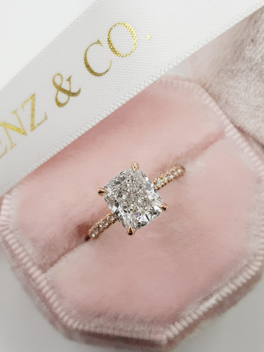 3.01 Carats Elongated Cushion Cut Micropave Side Stones Hidden Halo Diamond Engagement Ring - BenzDiamonds