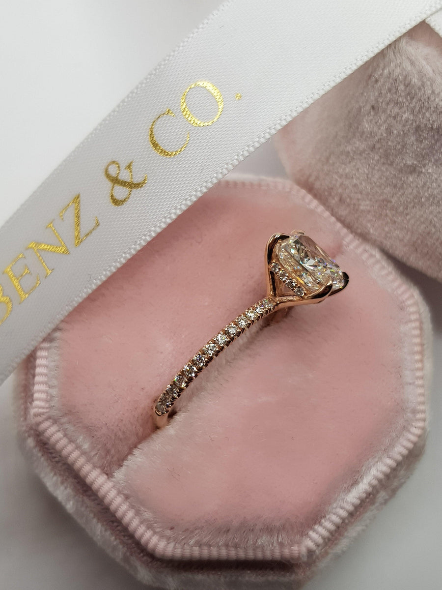 3.01 Carats Elongated Cushion Cut Micropave Side Stones Hidden Halo Diamond Engagement Ring - BenzDiamonds