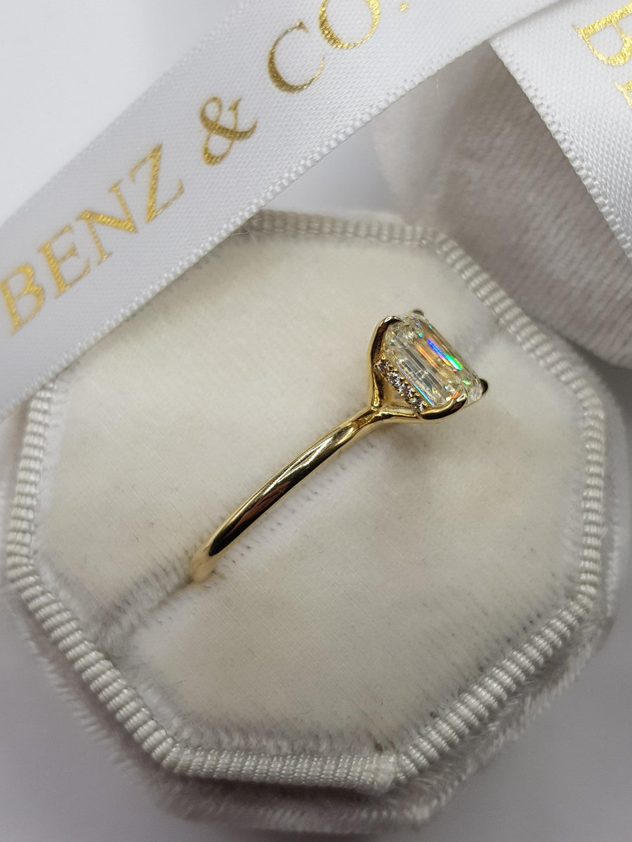 2.15 Carats Emerald Cut Solitaire Hidden Halo Diamond Engagement Ring - BenzDiamonds