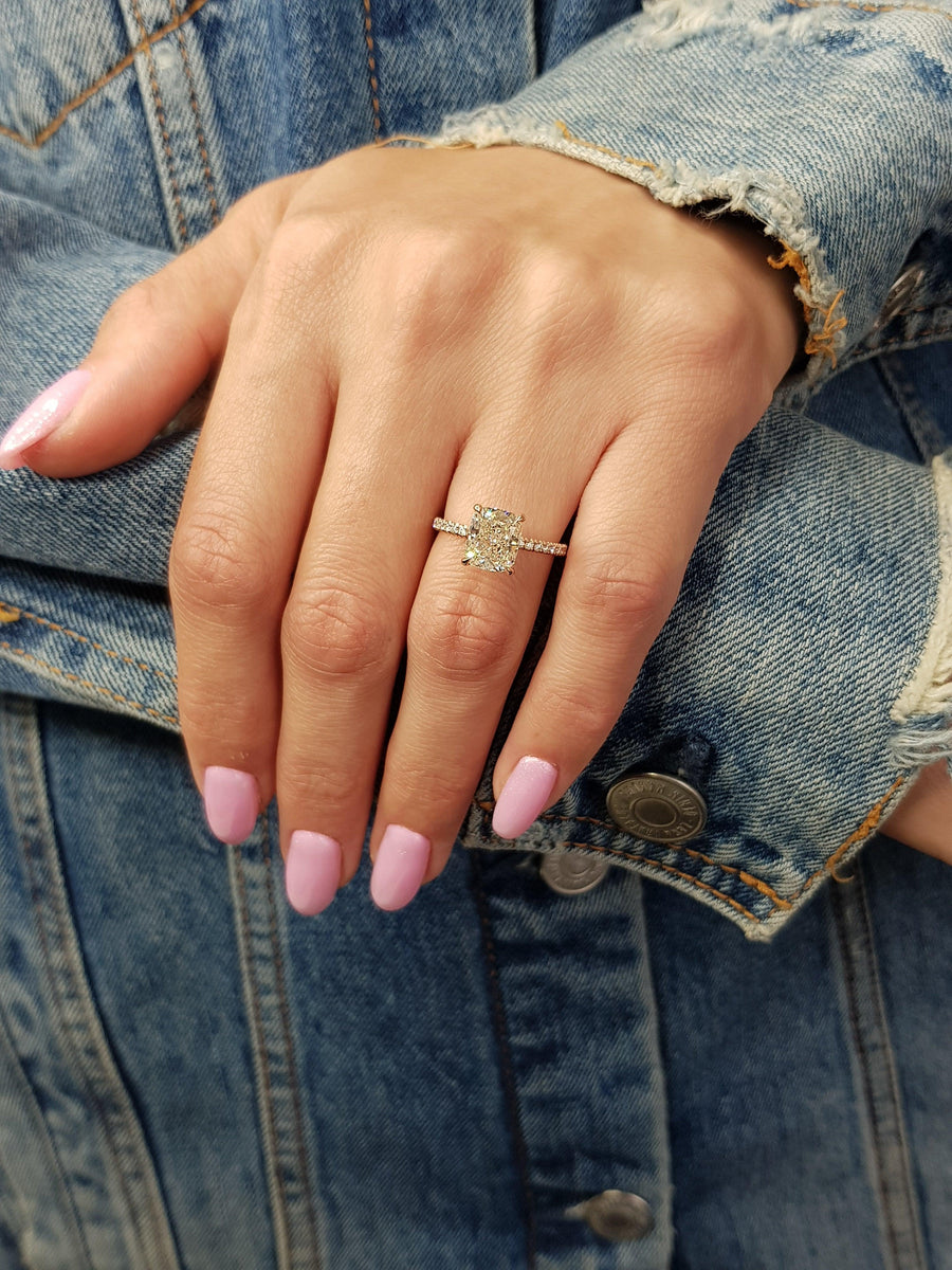 3.01 Carats Elongated Cushion Cut Micropave Side Stones Hidden Halo Diamond Engagement Ring - BenzDiamonds