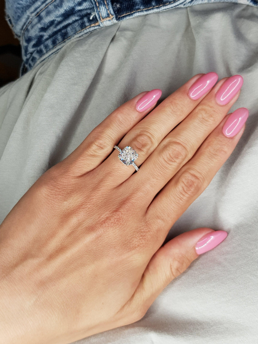 4.55 Carats Cushion Cut Micropave Side Stones Hidden Halo Diamond Engagement Ring - BenzDiamonds