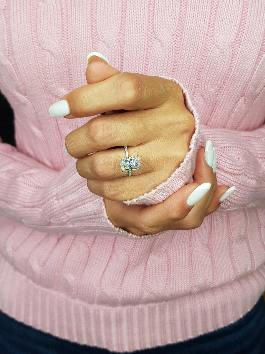 4.07 Carats Super Elongated Radiant Cut Micropaved Side Stones Hidden Halo Diamond Engagement Ring - BenzDiamonds