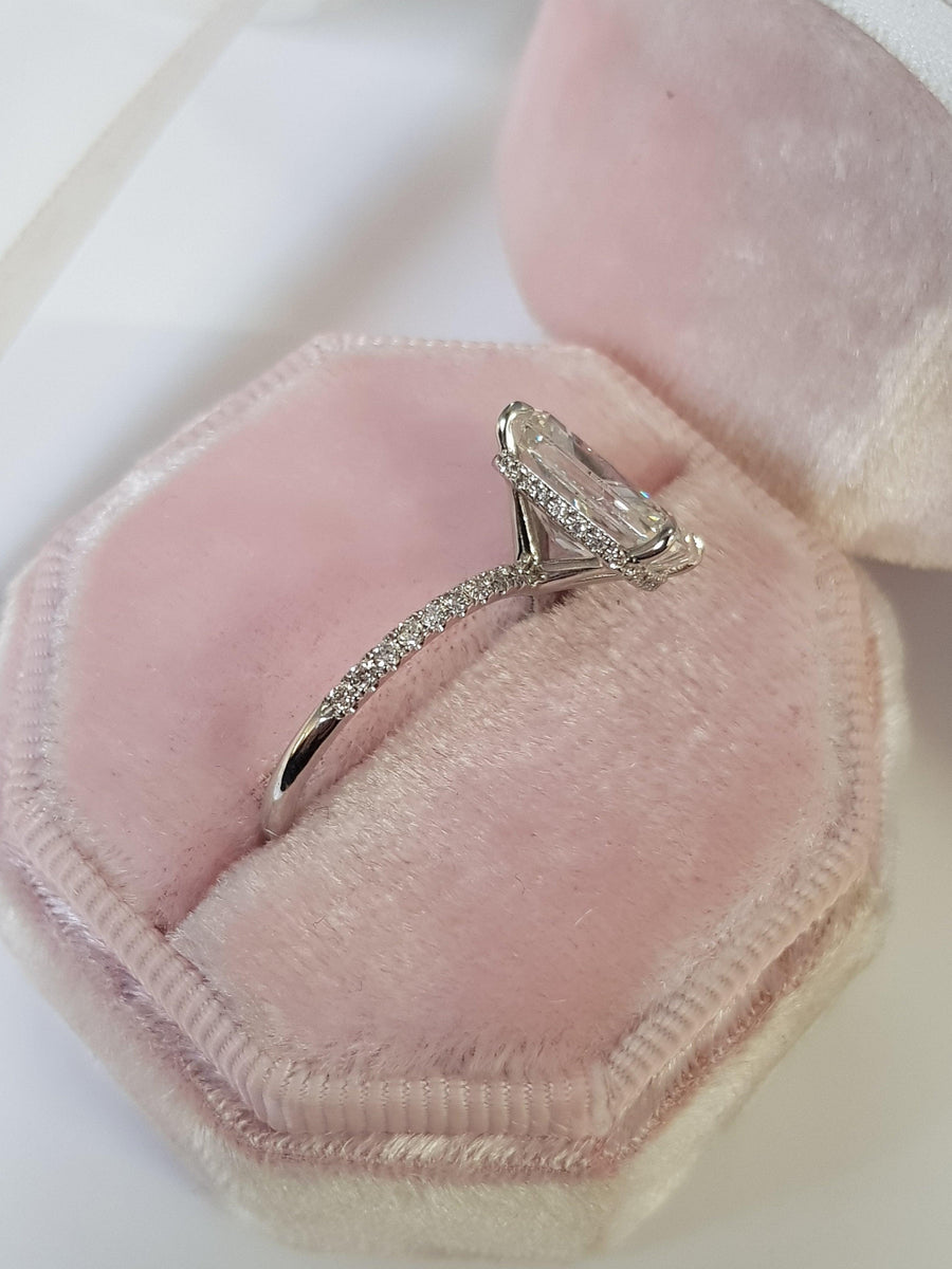 4.07 Carats Super Elongated Radiant Cut Micropaved Side Stones Hidden Halo Diamond Engagement Ring - BenzDiamonds